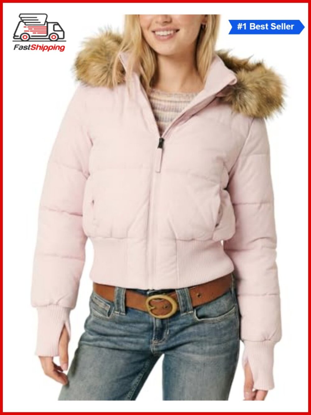 ✨Cropped Puffer Jacket Hooded Winter Quilted Coat Faux Fur Trim